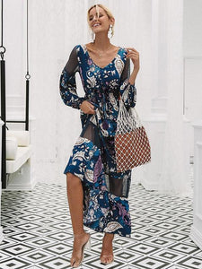 Floral Print V Neck Long Sleeve Beach Maxi Dress
