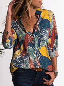 Casual V-Neck Floral Print Long Sleeve Mid-Length Blouse