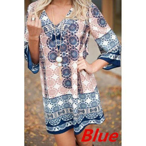 Causal Long Sleeve V Neck Plus Size Printed Mini Dress