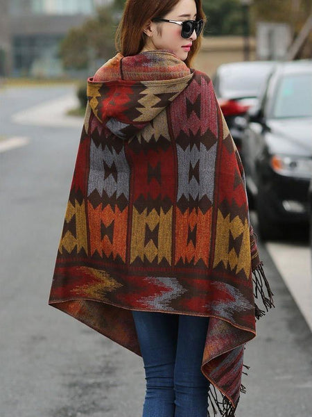 Autumn And Winter Vintage Bohemian National Style Imitation Wool Thickening Warm Hooded Cloak Shawl