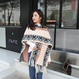 Autumn Tibetan Ethnic Tassel Split Thick Knit Shawl Cloak Scarf