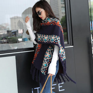 Autumn Tibetan Ethnic Tassel Split Thick Knit Shawl Cloak Scarf