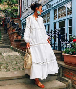 Lace Split-joint Puff Long Sleeves Maxi Dress