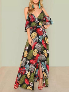 Bohemia V-Neck Off-the-shoulder Printed Maxi Dress
