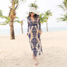 Load image into Gallery viewer, Blue Flower Heavy Work Embroidery Deep V-Neck Mesh Long Maxi Dress