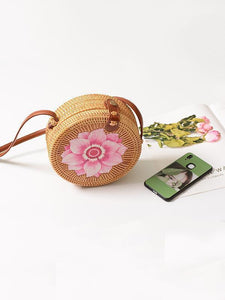 Boho Style Rattan Flower Pattern Round Bag