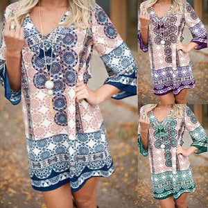 Causal Long Sleeve V Neck Plus Size Printed Mini Dress