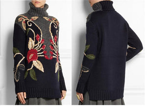 Vintage Embroidered National Style Three-Dimensional Flower Turtleneck Sweater