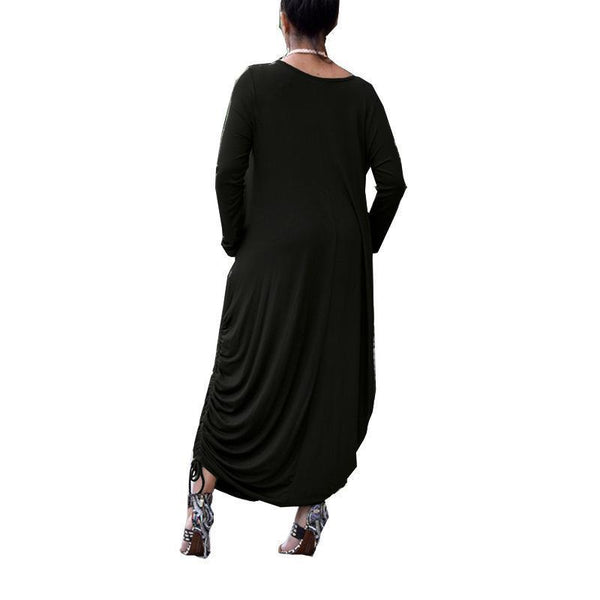 Casual Round Neck Long Sleeve Ruched Loose Solid Color Maxi Dress With Pockets