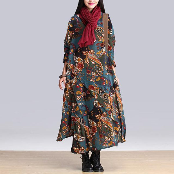Vintage Print Long Sleeve Loose Maxi Dress
