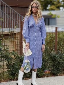 2018 Print V Neck Long Sleeve Button Maxi Dress