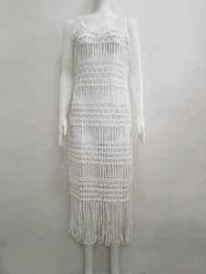 Black and White Women long section blouse weaving stitching tassel beach dress