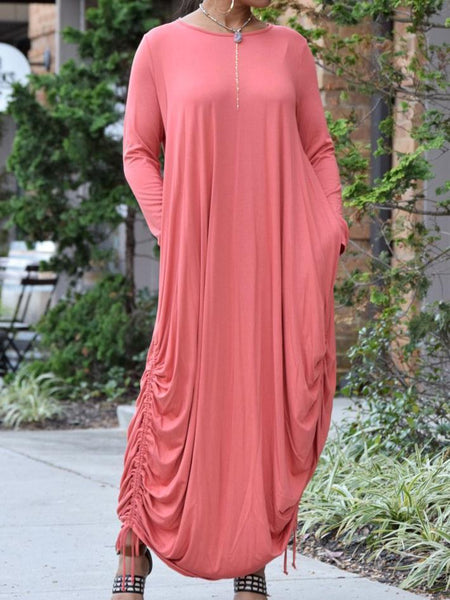 Casual Round Neck Long Sleeve Ruched Loose Solid Color Maxi Dress With Pockets