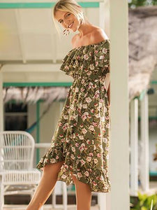 2018 Floral Print Off Shoulder Backless Beach Dress