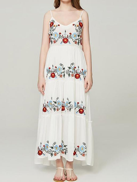 2018 New Spaghetti Strap Floral Embroidered Maxi Dress