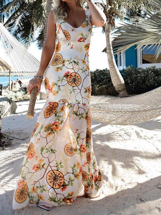 2018 New Print V Neck Sleeveless Chiffon Mermaid Beach Maxi Dress
