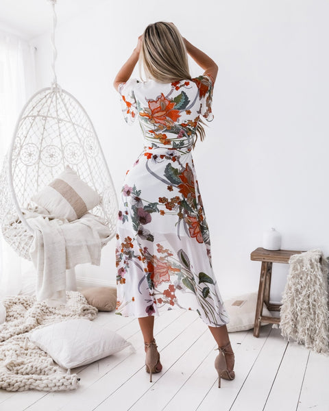 Floral Print V Neck Short Sleeve Beach Dress