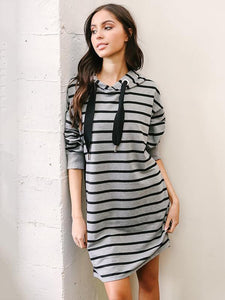 Stripe Long Sleeve Hoodie Autumn Midi Dress