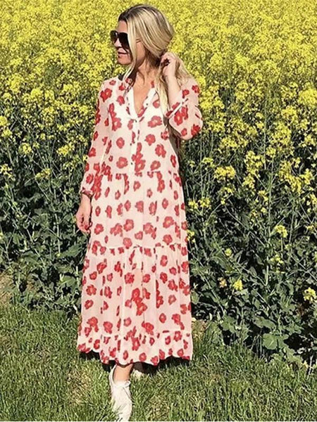 Flower Print Long Sleeve Bohemia Chiffon Maxi Dress
