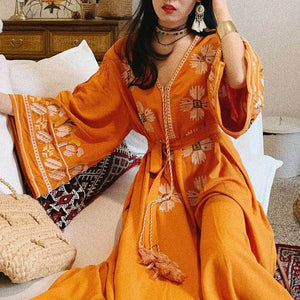 Boho Tassels Floral Embroidery V-neck Loose Long Dress