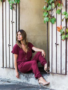 V Neck Short Sleeve Solid Color Jumpsuit Romper