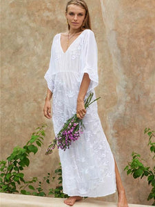 Embroidered V Neck Beach Maxi Dress