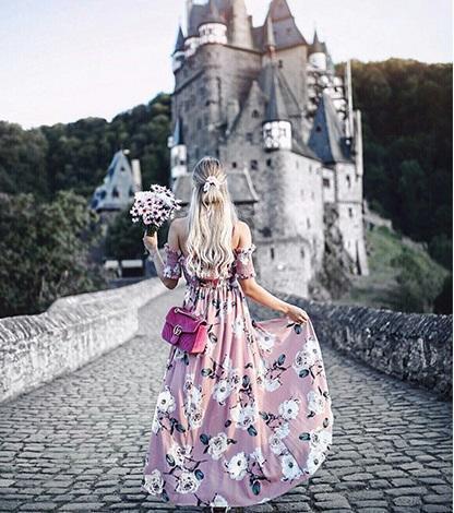 Flower Print Off Shoulder Split Dress