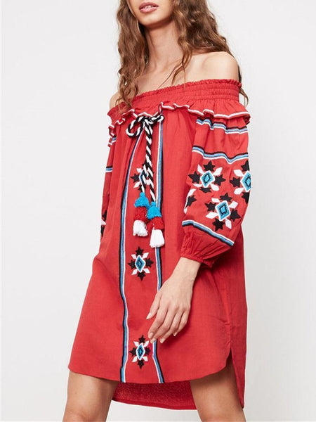 Pretty Embroidery Off-the shoulder Tassels Mini Dress