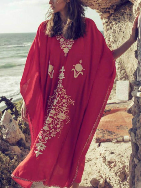 Boho Style Red Embroidered Robe Beach Dress