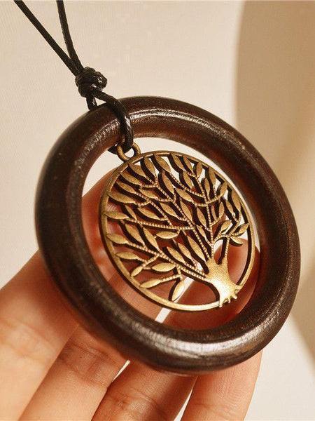 Retro National Style Simple Wooden Ring Tree Long Necklace Sweater Chain