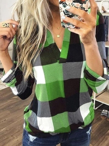 Women Plaid Blouse Plus Size Shirt Long Sleeve Tunic Tops