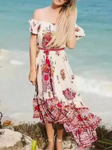 Pretty Bohemia Floral Off Shoulder Short Sleeve Beach Dress Maxi Dress