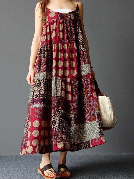 Print Linen Cotton Loose Casual Maxi Kaftan Dress