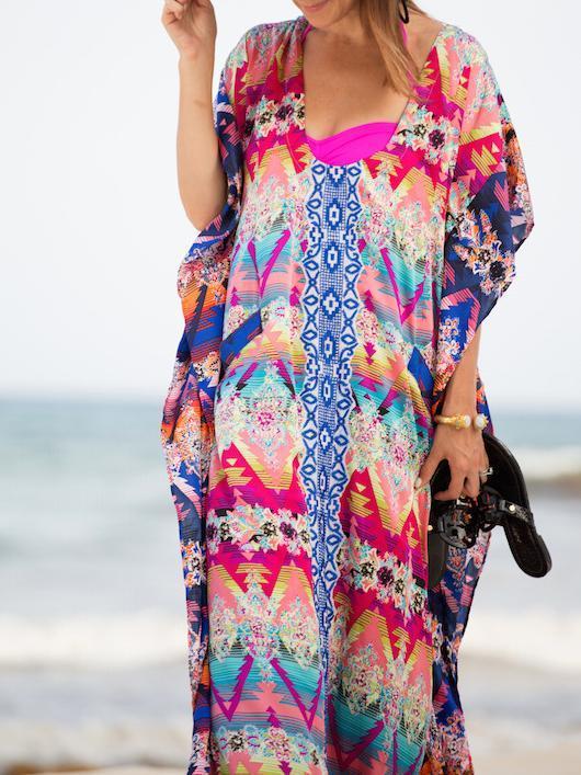 Loose Printed Side Split Bikini Gown Maxi Beach Dress