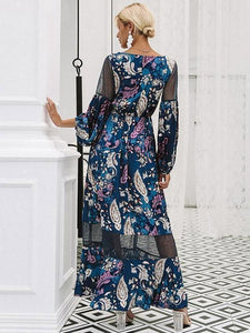 Floral Print V Neck Long Sleeve Beach Maxi Dress