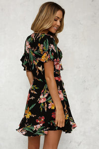 Summer Floral Print V Neck Short Sleeve Mini Dress