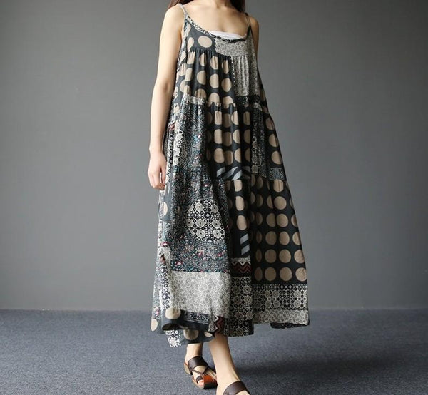 Print Linen Cotton Loose Casual Maxi Kaftan Dress