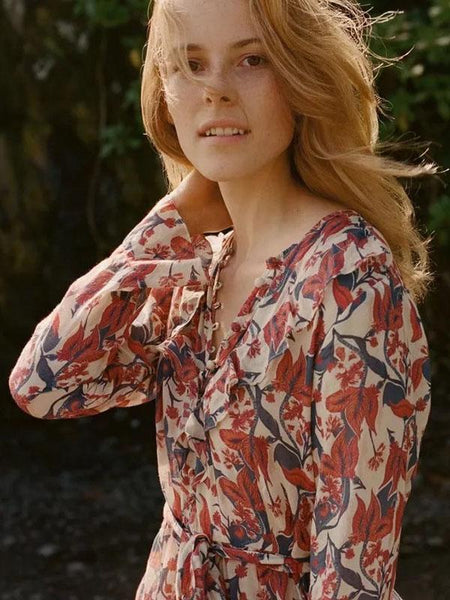 Print V Neck Long Sleeve Beach Dress