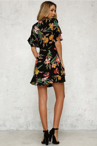 Summer Floral Print V Neck Short Sleeve Mini Dress
