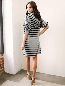 Stripe Long Sleeve Hoodie Autumn Midi Dress