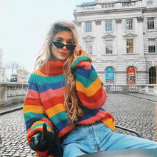 Load image into Gallery viewer, Rainbow Turtleneck Winter Jumpers Knitted Striped Oversize Pullover Sweater