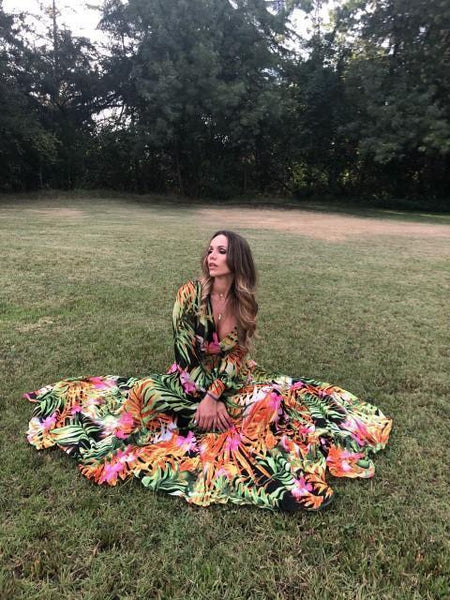 Print Deep V Neck Long Sleeve Bohemia Maxi Long Dress