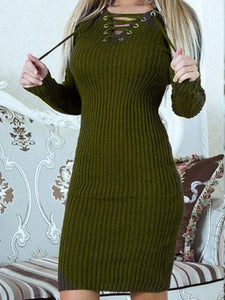 Knit Long Sleeve V Neck Bodycon Midi Dress