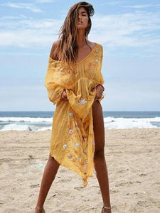 Embroidered V Neck Beach Maxi Dress