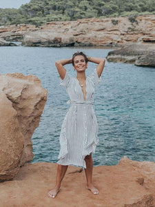 Stripe Backless Short Sleeve Beach Dress