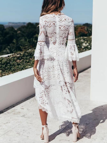 Deep V Lace Horn Sleeve Dress
