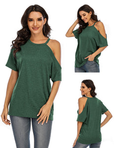 Hot Selling Solid Color Short Sleeve Spring and Summer New T-shirt Off Shoulder Top Women's 6 Colors Choice