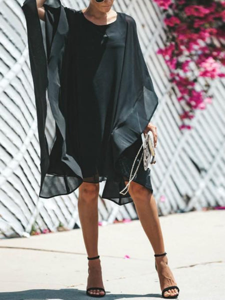 Hollow Bat Sleeve  Loose Large Size Solid Color Dress