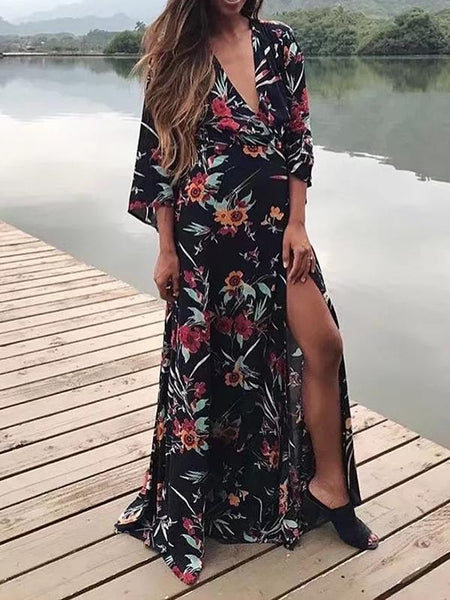 V-neck Split-side Belted Bohemia Dress