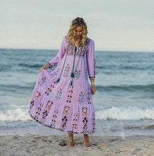 Load image into Gallery viewer, Print Long Sleeve Embroidered Bohemia Beach Maxi Dress